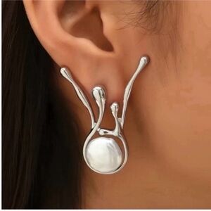 Silver Pearl Drop Sculptural Earrings